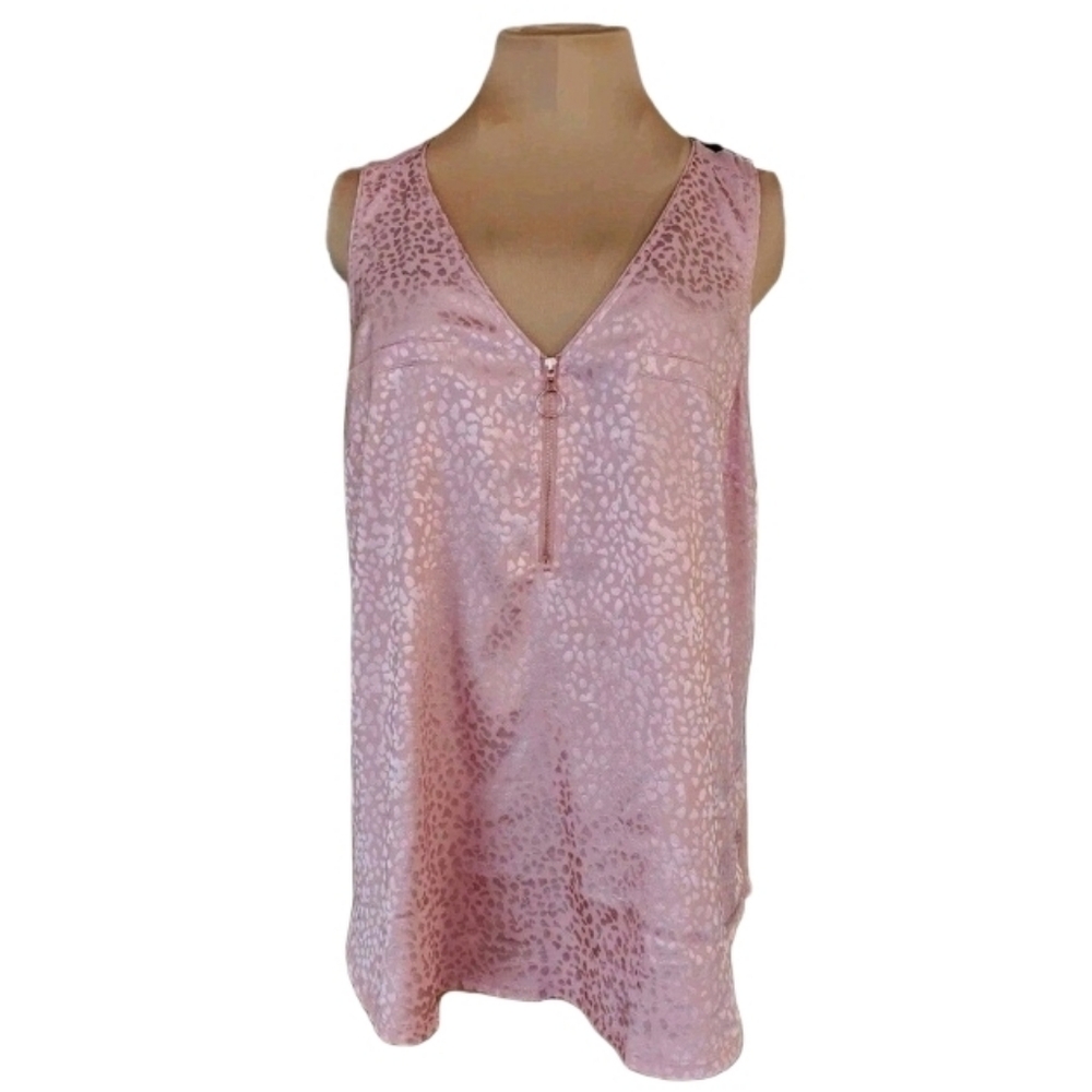 Candie's Women's XL Pink Animal Print Sleeveless Tank Top Zip‎ Front Shiny Satin